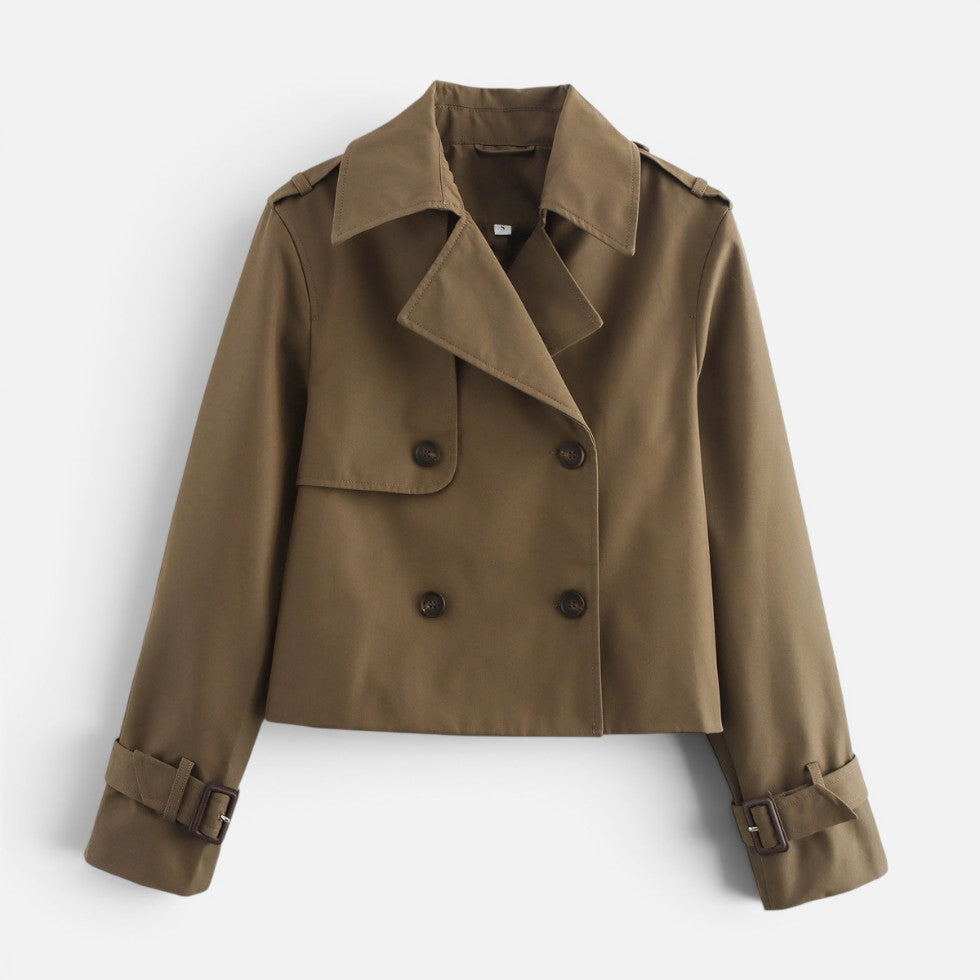 Elegant Cropped Trench Jacket for Women with Notch Lapel Long Sleeve Double Breasted Belted Cuff Style
