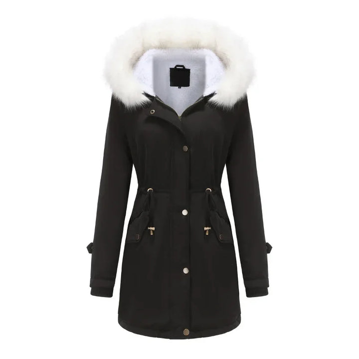 Cozy Faux Fur Trim Parka Jacket for Women with Hooded Long Sleeve Drawstring Waist Relaxed Style