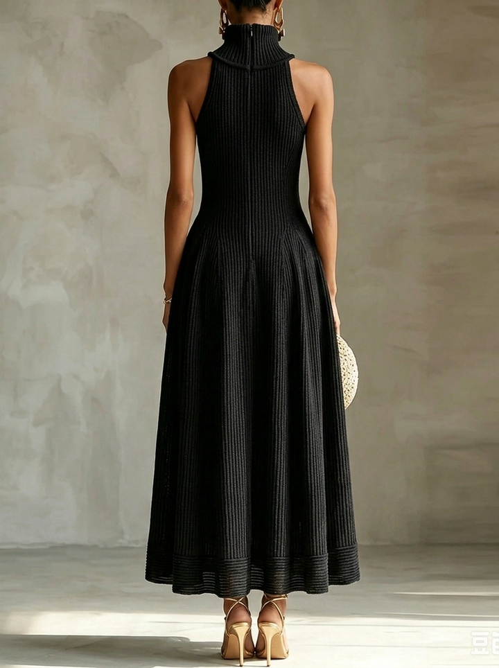 Elegant Black Knit Maxi Dress for Women with Turtleneck Sleeveless High Slit Flowy A Line Style