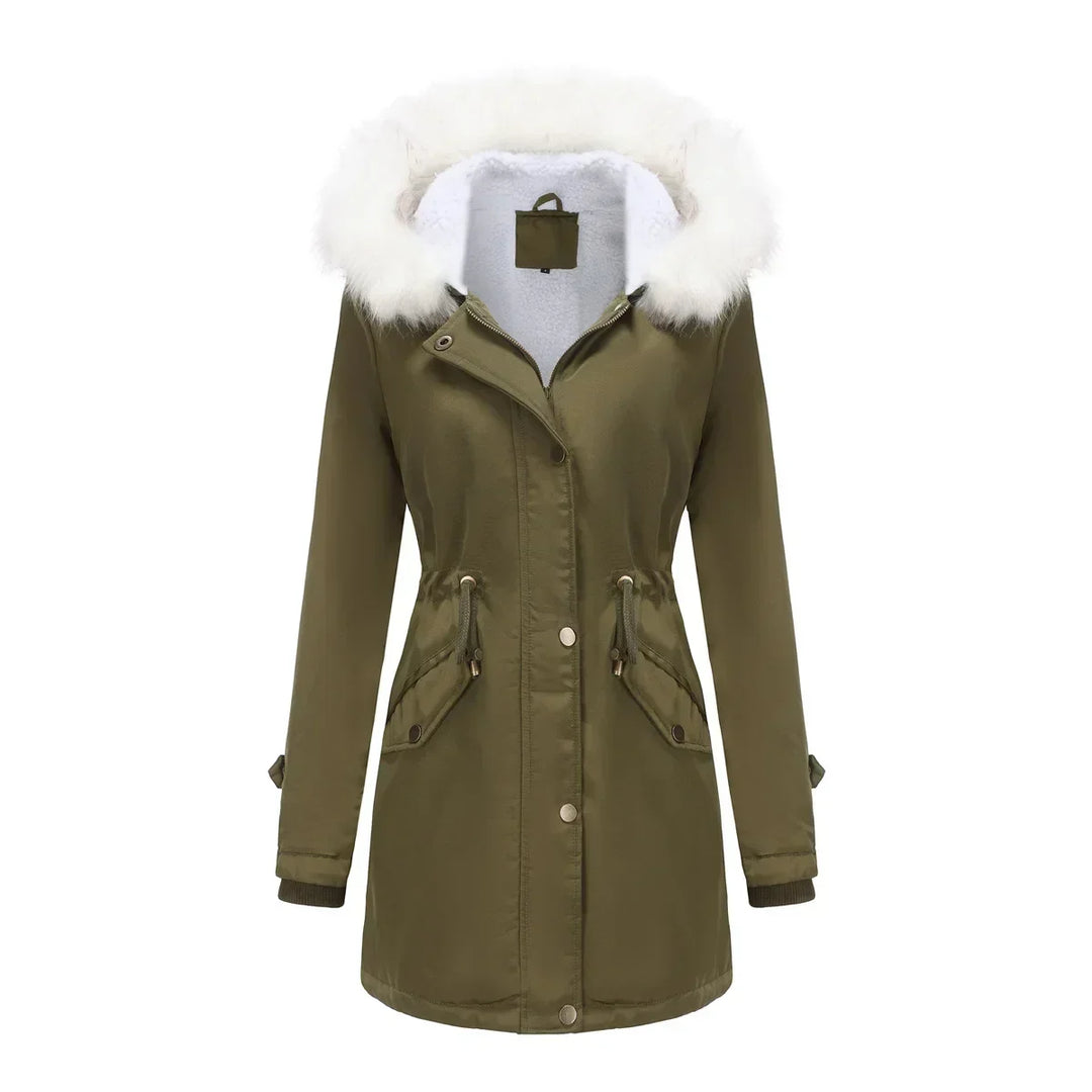 Cozy Faux Fur Trim Parka Jacket for Women with Hooded Long Sleeve Drawstring Waist Relaxed Style