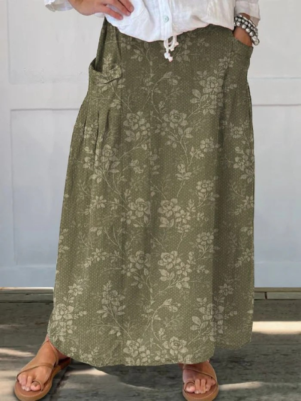 Women's Vintage Floral Linen Waistband Pocket Skirt