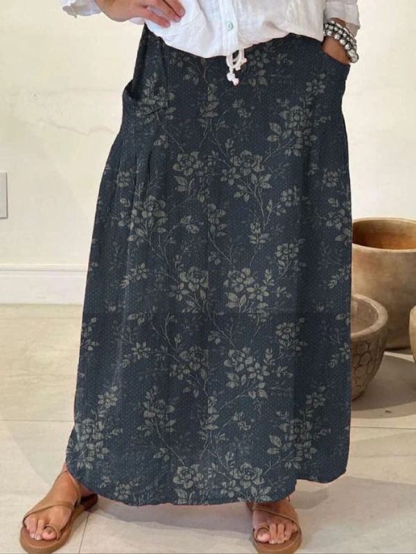 Women's Vintage Floral Linen Waistband Pocket Skirt