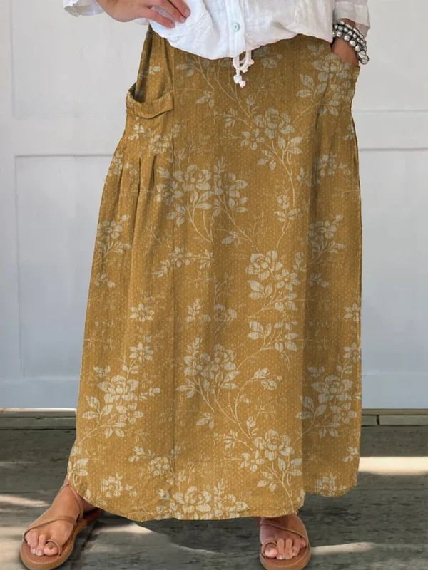 Women's Vintage Floral Linen Waistband Pocket Skirt
