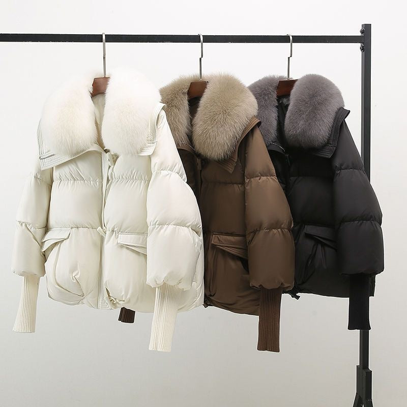 Elegant Fur Collar Puffer Jacket for Women with Hooded Long Sleeve Toggle Closure Oversized Style
