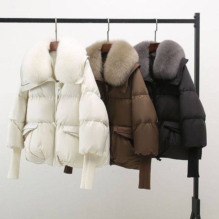 Elegant Fur Collar Puffer Jacket for Women with Hooded Long Sleeve Toggle Closure Oversized Style