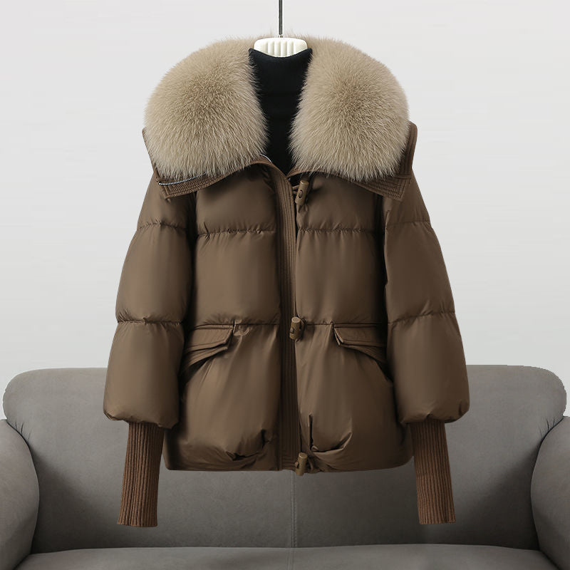 Elegant Fur Collar Puffer Jacket for Women with Hooded Long Sleeve Toggle Closure Oversized Style
