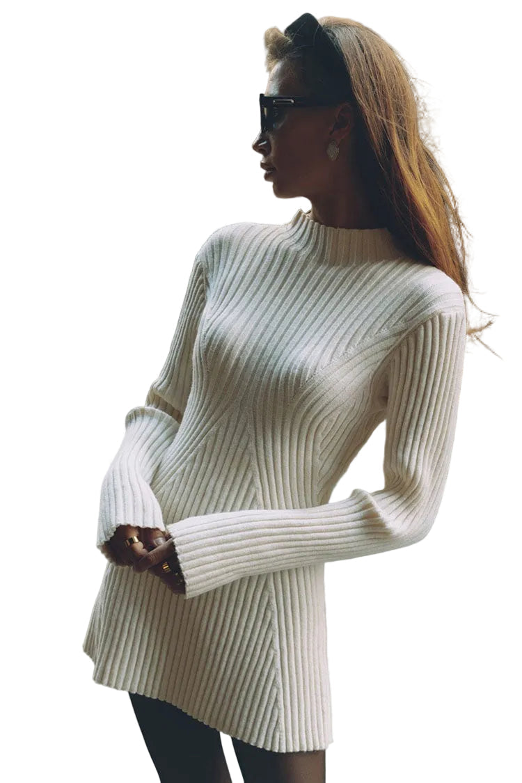 Women's Sweater Dress White Acrylic Cotton Mock Neck Long Sleeve Mini