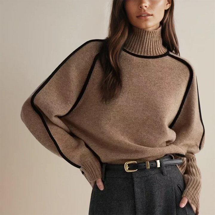 Comfortable Contrast Piping Sweatshirt for Women with Turtleneck Batwing Sleeve Oversized Knit Style