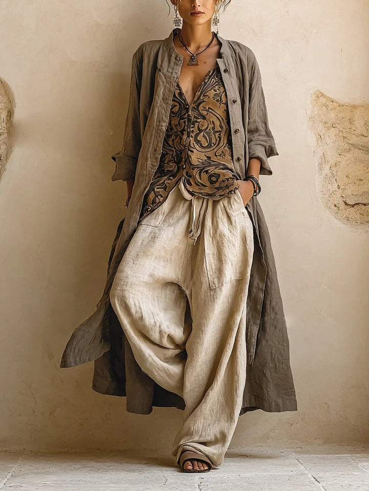 Effortless Cotton Linen Wide Leg Pants Set for Women with Boho Print Cardigan