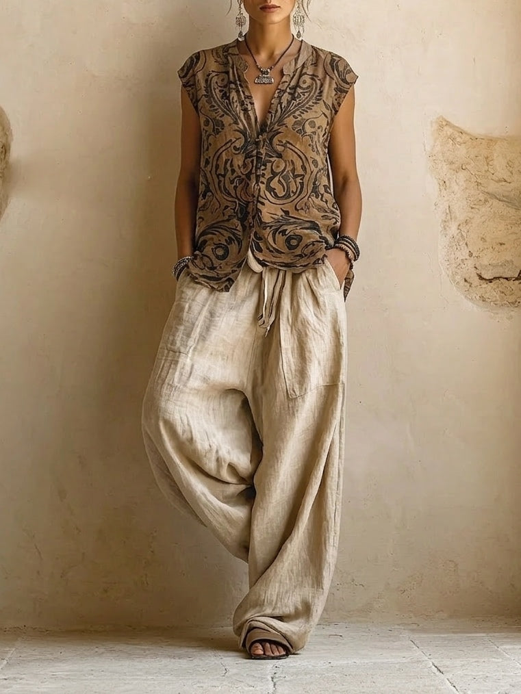 Effortless Cotton Linen Wide Leg Pants Set for Women with Boho Print Cardigan