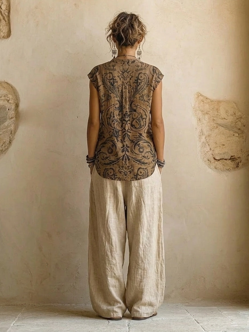 Effortless Cotton Linen Wide Leg Pants Set for Women with Boho Print Cardigan