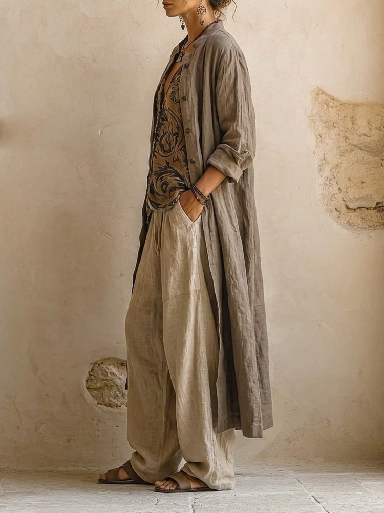 Effortless Cotton Linen Wide Leg Pants Set for Women with Boho Print Cardigan