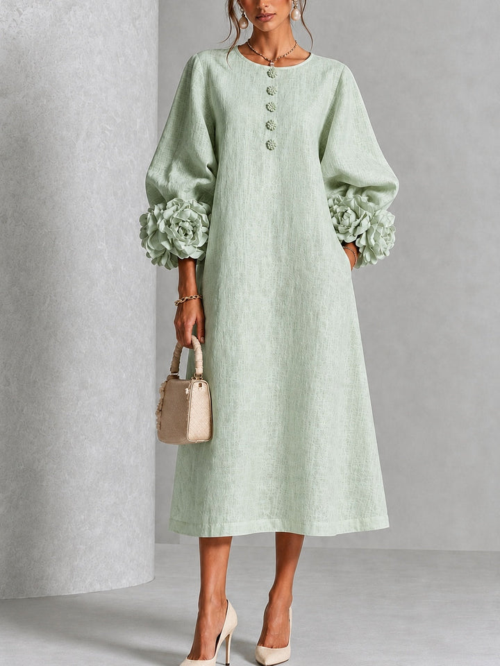 Elegant Sage Green Textured Midi Dress for Women with Round Neck Balloon Sleeve Floral Cuff Fall Wedding Guest Style