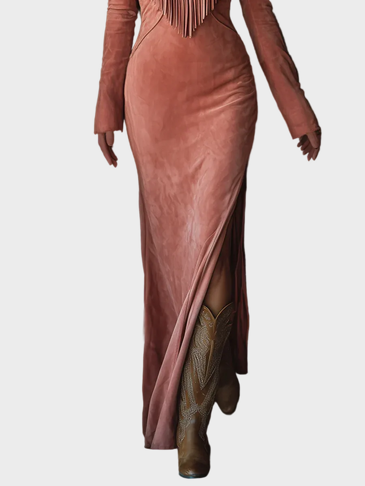 Univa | Vintage Western Maxi Dress in Pink Faux Suede with Embroidery and Tassels