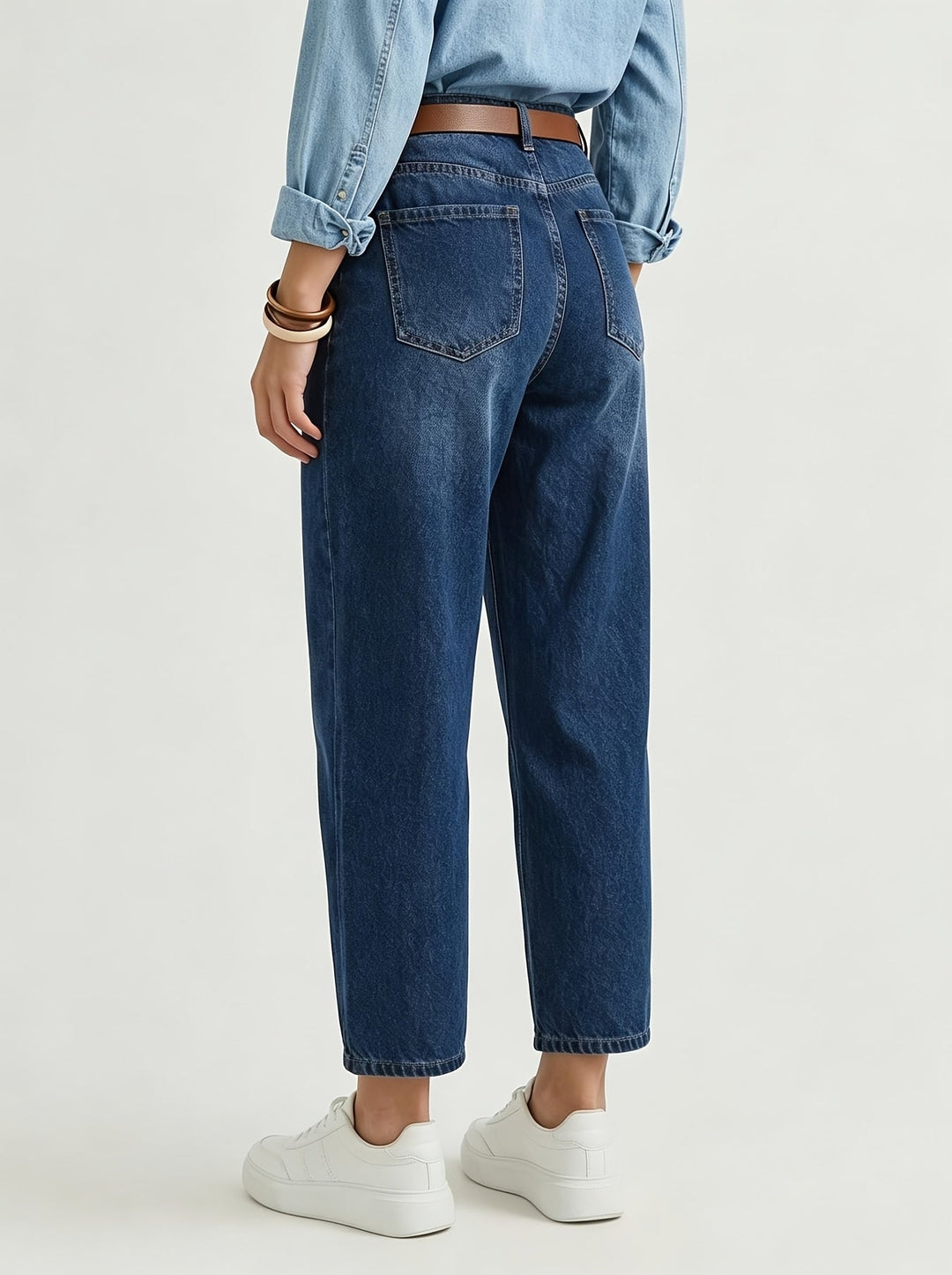 Effortless Deep Blue Relaxed Mom Jeans for Women with High Waist Barrel Leg Tapered Ankle