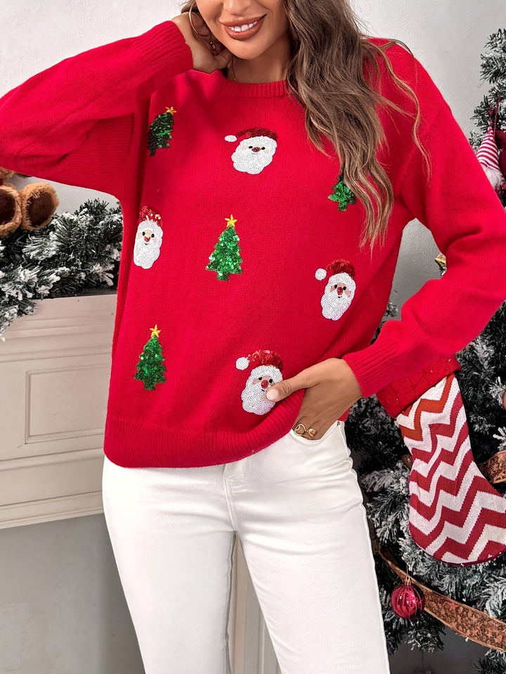 Comfortable Red Sequin Christmas Sweater for Women with Crew Neck Long Sleeve Sequin Santa Oversized Knit Style