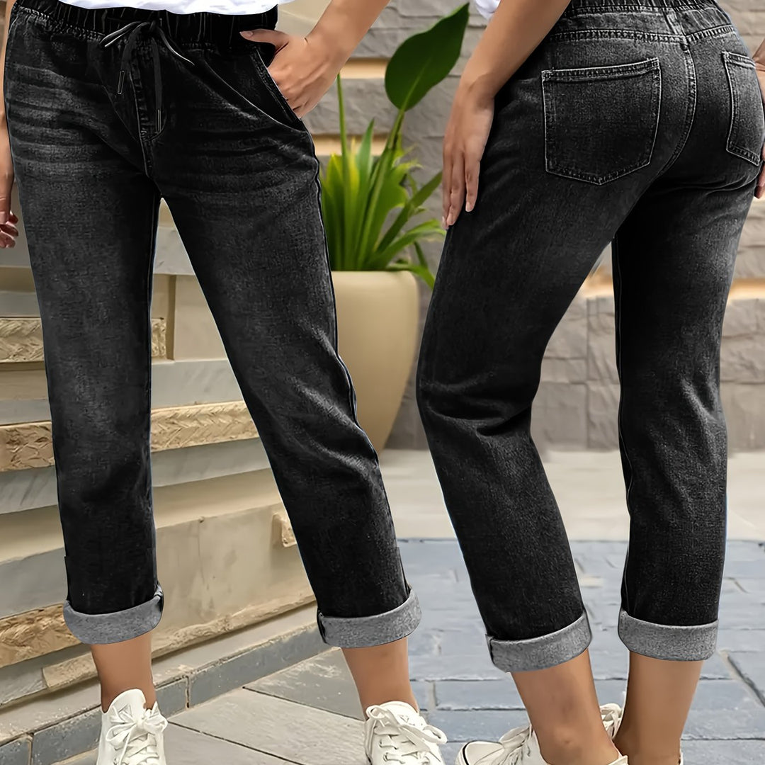 Effortless Black Denim Mom Jeans for Women with High Waist Drawstring Cuffed Tapered Style