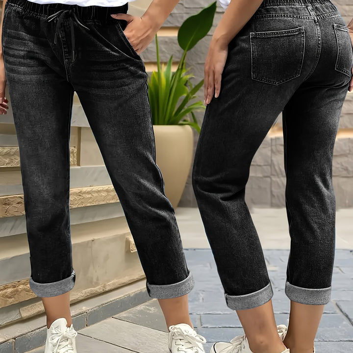 Effortless Black Denim Mom Jeans for Women with High Waist Drawstring Cuffed Tapered Style