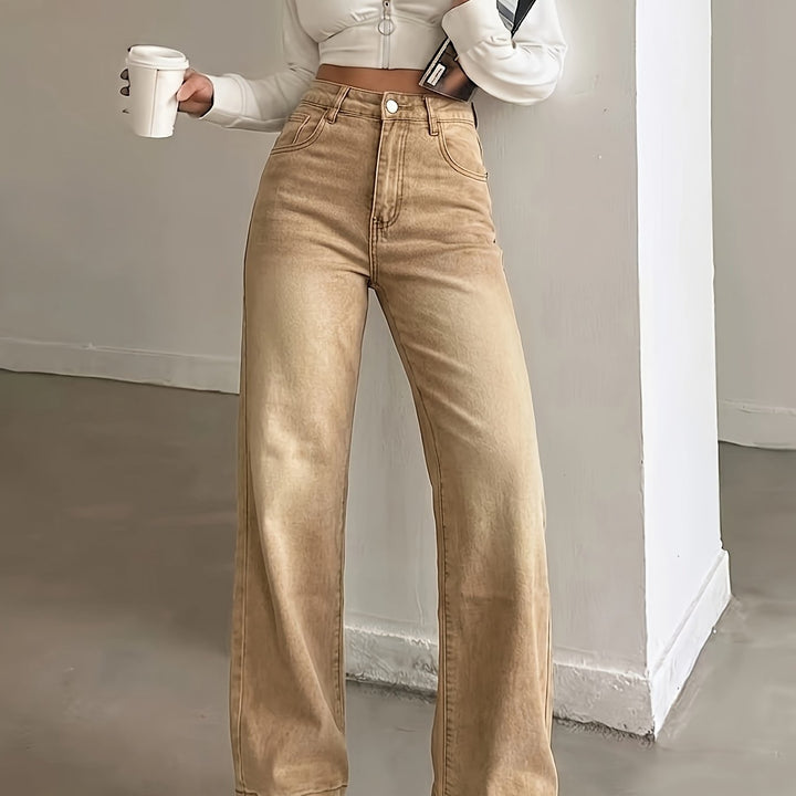 Effortless Brown Wash Flare Jeans for Women with High Waist Button Front Pocket Detail Relaxed Style