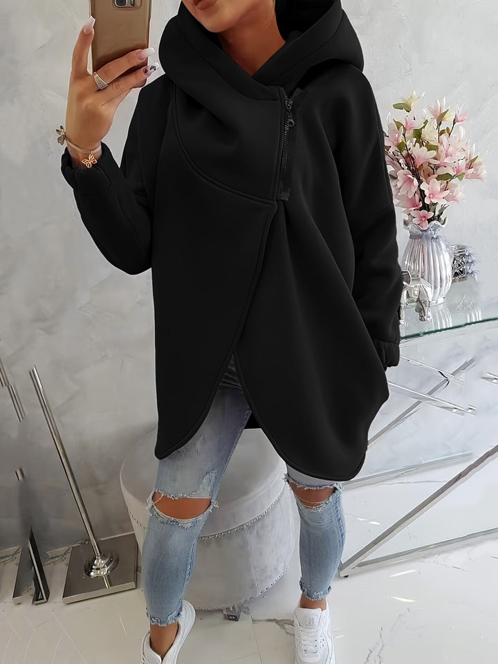 Effortless Fleece Hoodie for Women with Cowl Neck Long Sleeve Asymmetric Tulip Hem Relaxed Style