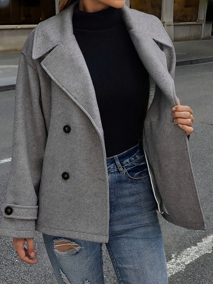 Elegant Dark Gray Wool High Pea Coat for Women with Notched Lapel Long Sleeve Double Breasted Oversized Style