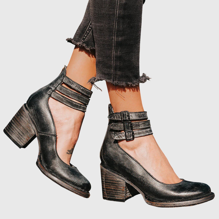 Stylish Boots for Women with Buckle Strap Block Heel Cutout Style