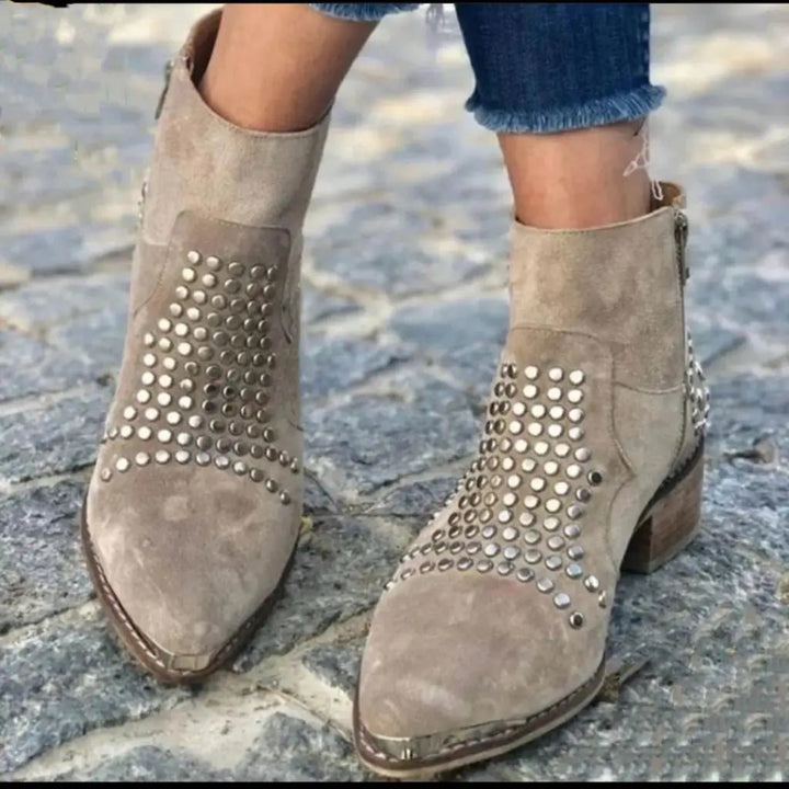Stylish Brown Boots for Women with Studded Detail Pointed Toe Block Heel Style