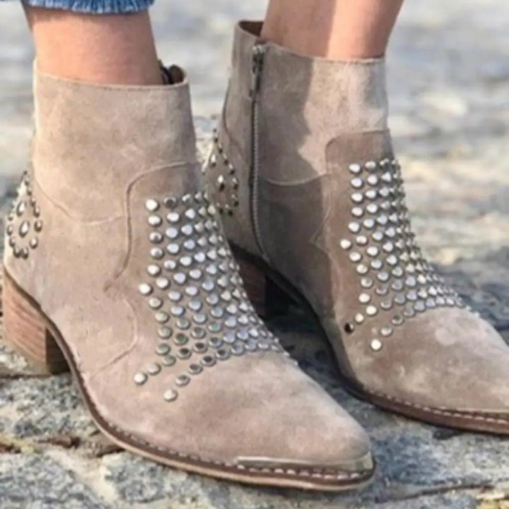 Stylish Brown Boots for Women with Studded Detail Pointed Toe Block Heel Style