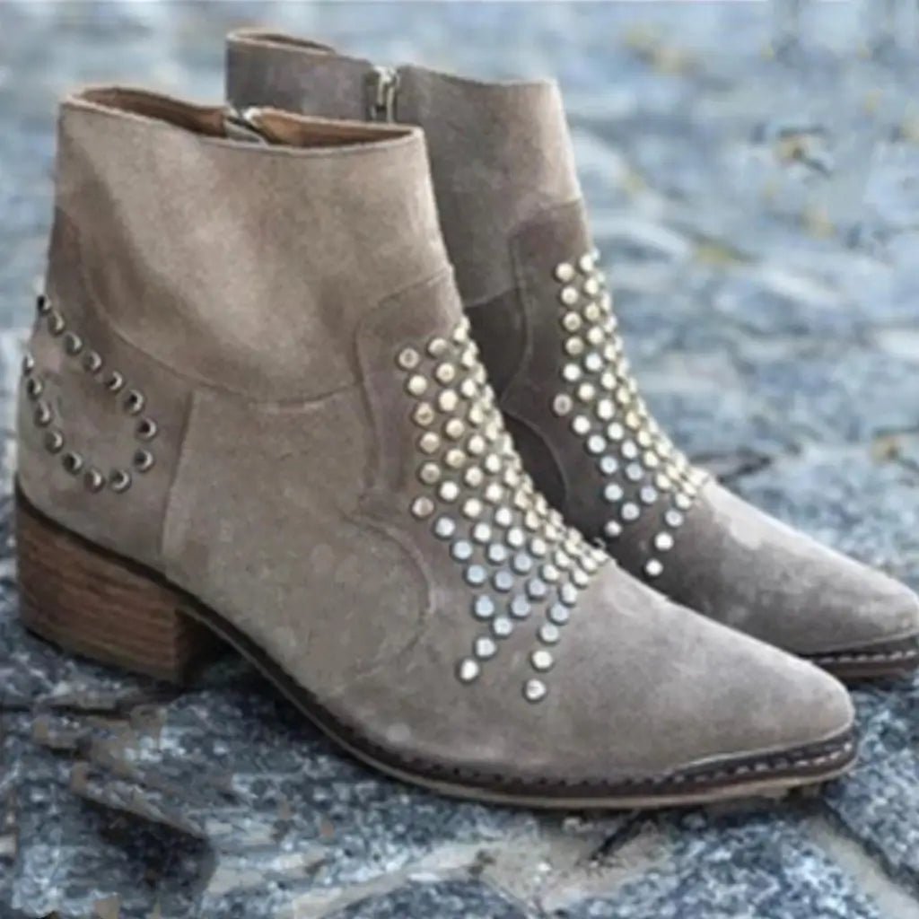 Stylish Brown Boots for Women with Studded Detail Pointed Toe Block Heel Style