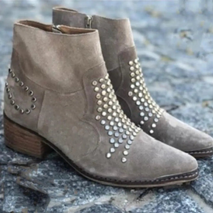 Stylish Brown Boots for Women with Studded Detail Pointed Toe Block Heel Style