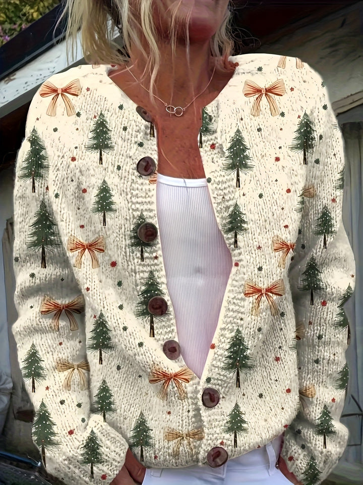 Comfortable Bow Print Christmas Sweater for Women with V Neck Long Sleeve Button Front Relaxed Knit Style