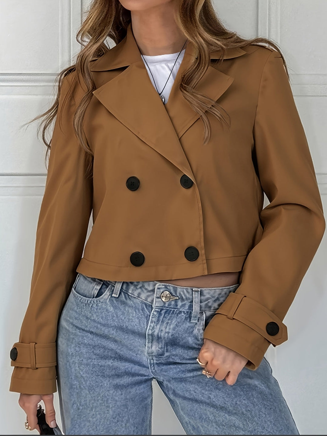 Elegant Brown Cropped Pea Coat for Women with Notched Lapel Long Sleeve Double Breasted Casual Style
