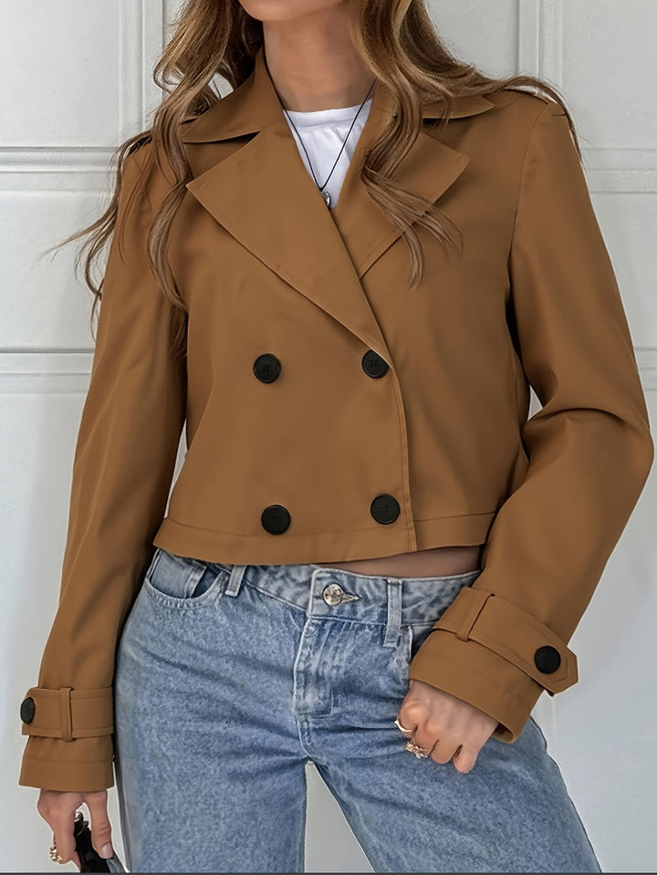 Elegant Brown Cropped Pea Coat for Women with Notched Lapel Long Sleeve Double Breasted Casual Style