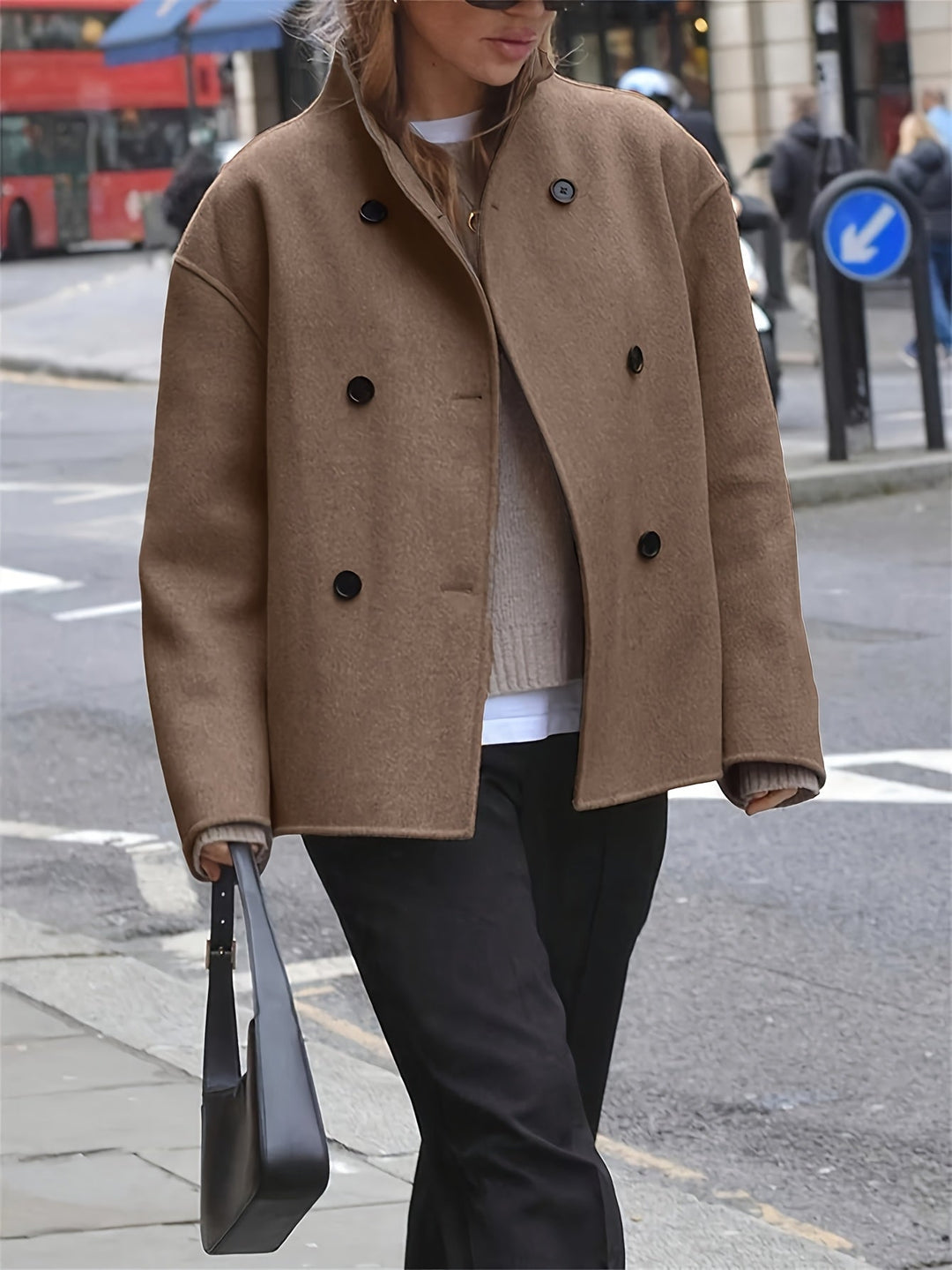 Elegant Camel Wool Pea Coat for Women with Stand Collar Long Sleeve Double Breasted Oversized Style