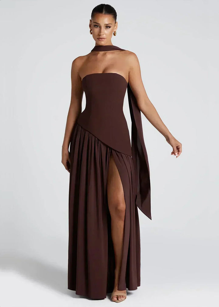 Elena – Maxi Dress with Off Shoulders, Slit & Choker Detail