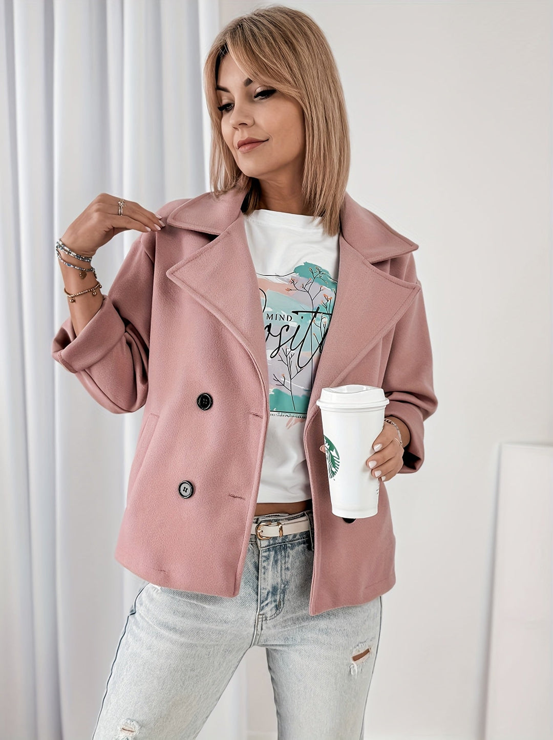 Effortless Pink Pea Coat for Women with Notched Lapel Long Sleeve Double Breasted Cropped Casual Style