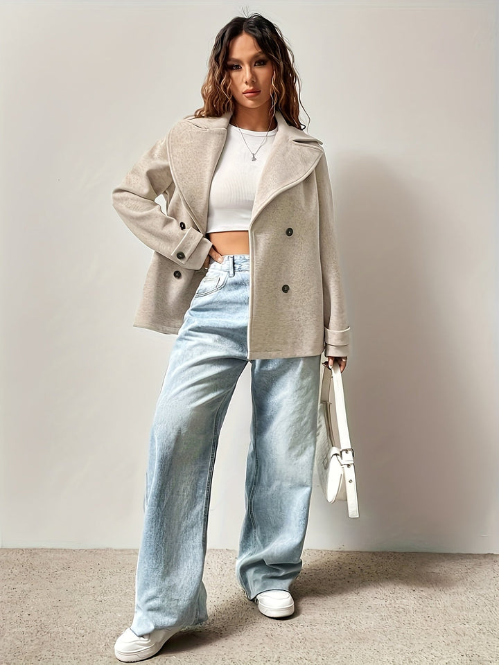 Elegant Beige High Pea Coat for Women with Notched Collar Long Sleeve Double Breasted Relaxed Style