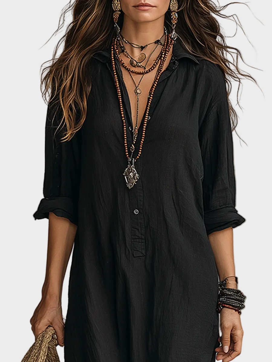 Delilah | Black Button-Front Bohemian Shirt Maxi Dress