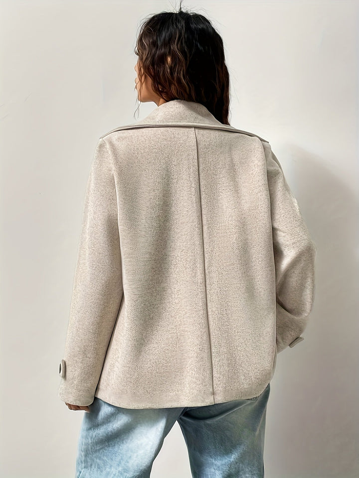Elegant Beige High Pea Coat for Women with Notched Collar Long Sleeve Double Breasted Relaxed Style