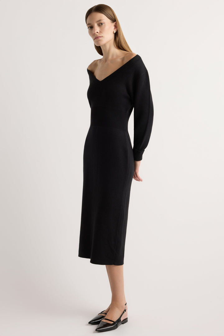 Bora Off Shoulder V-Neck Sweater Dress in Black
