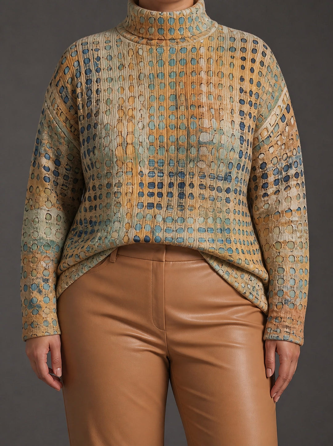 Dot pattern oversized turtleneck in sand ochre