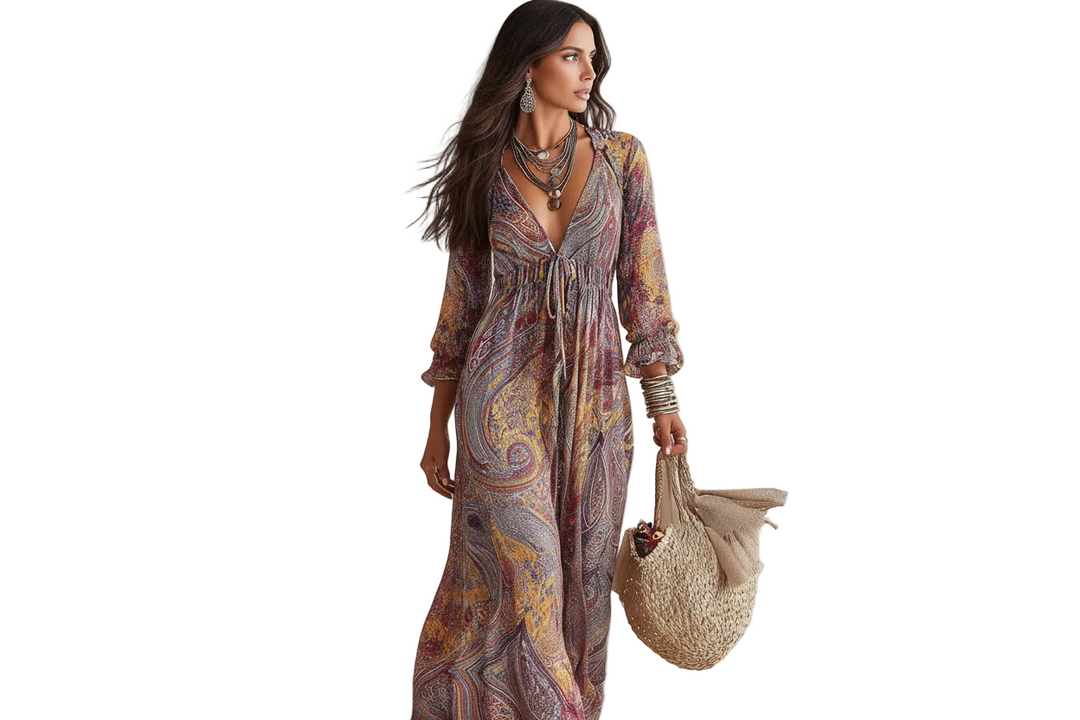 Vintage Paisley Print V neck Dress With Tie Waist