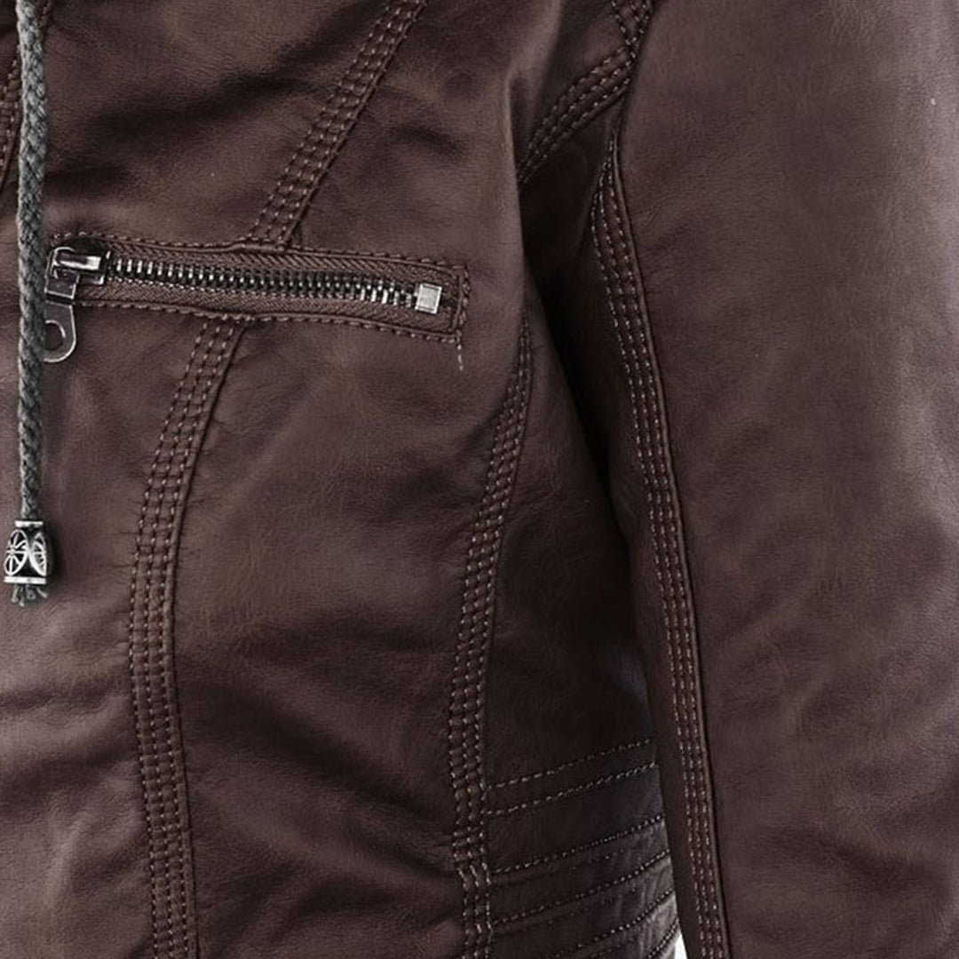 Elegant Brown Leather Jacket for Women with Hooded Long Sleeve Quilted Moto Style