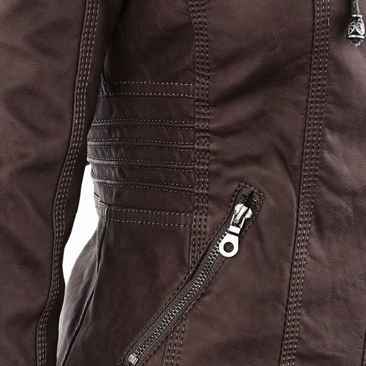 Elegant Brown Leather Jacket for Women with Hooded Long Sleeve Quilted Moto Style