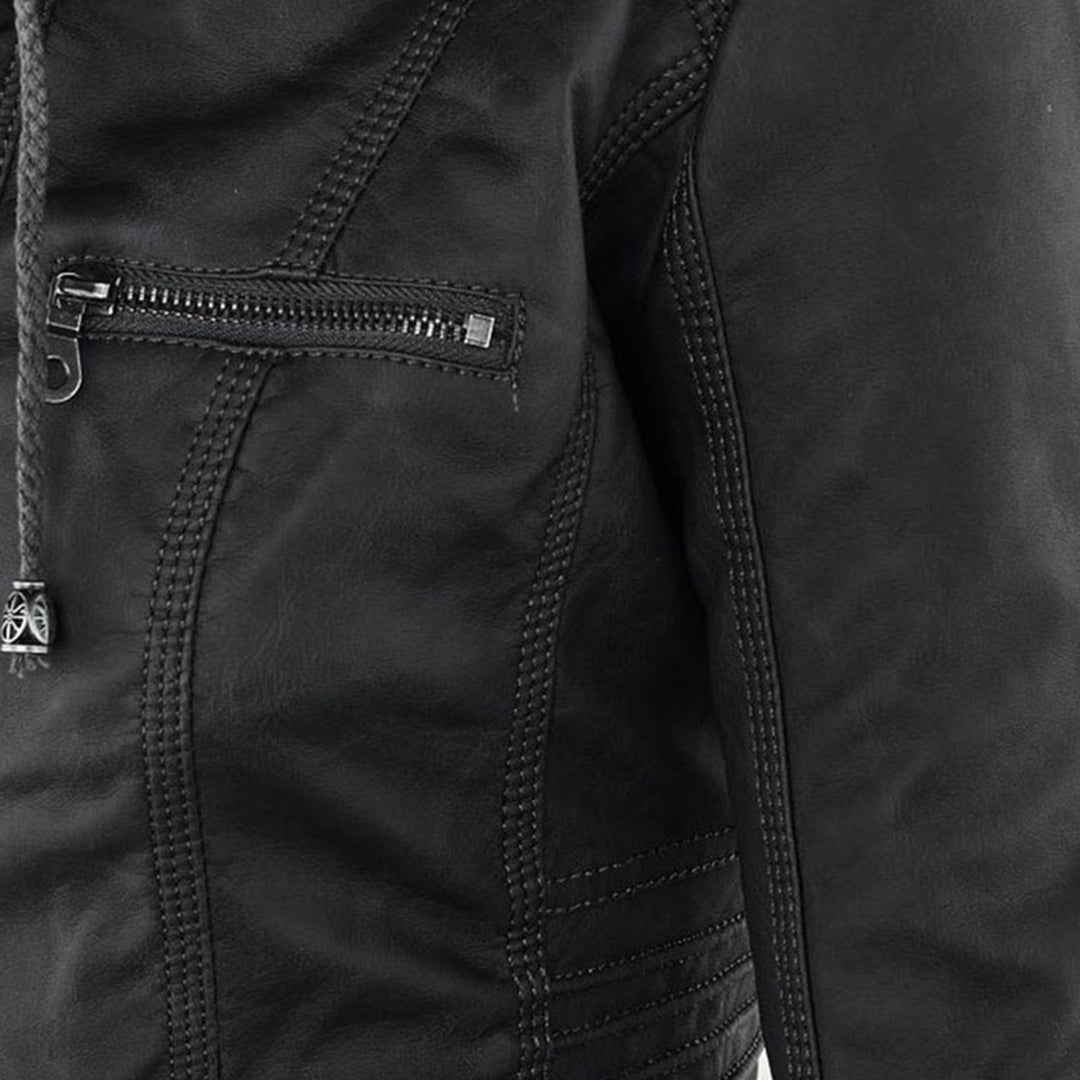 Elegant Brown Leather Jacket for Women with Hooded Long Sleeve Quilted Moto Style
