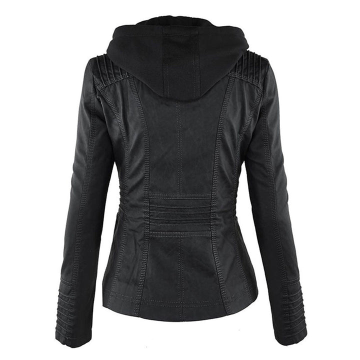 Elegant Brown Leather Jacket for Women with Hooded Long Sleeve Quilted Moto Style