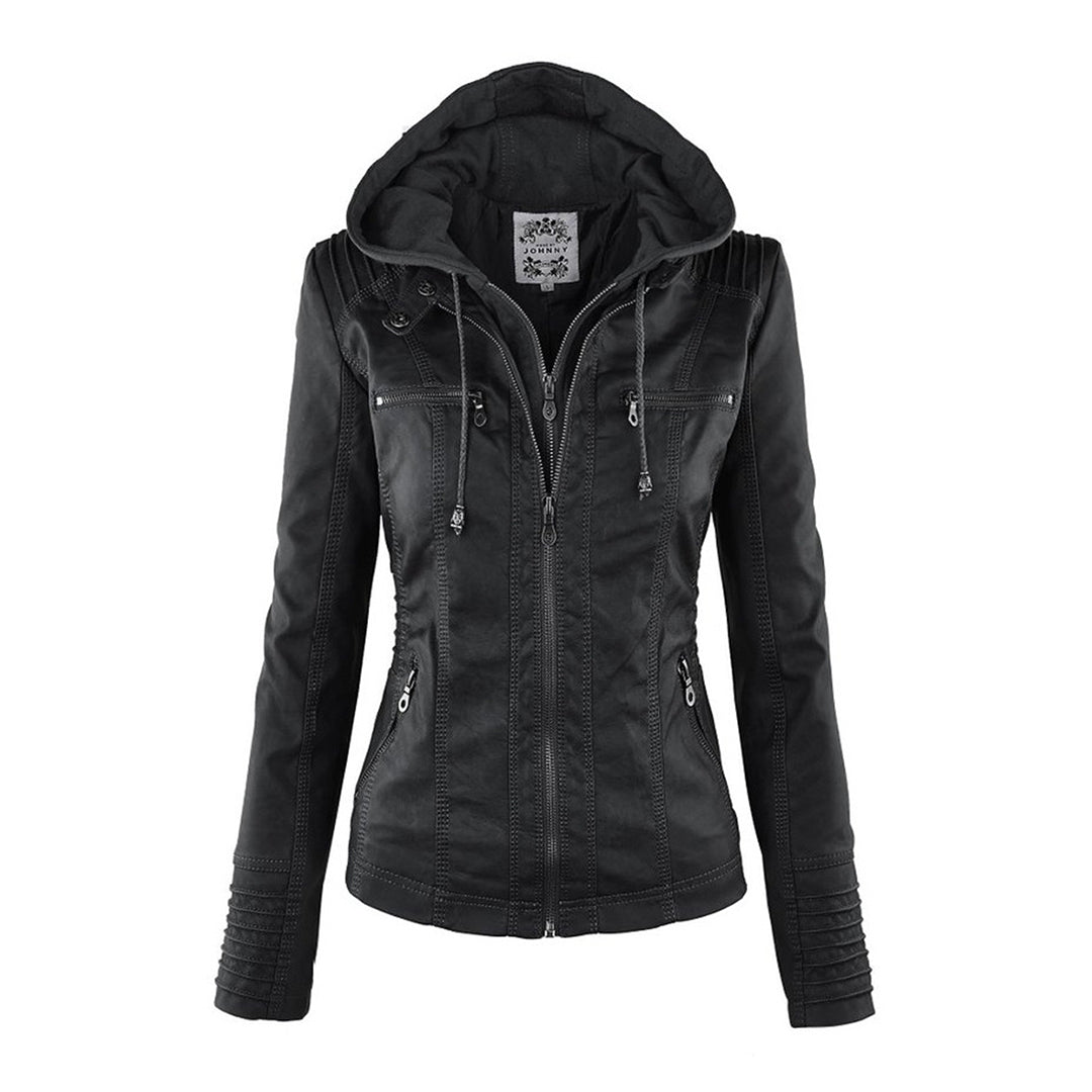 Elegant Brown Leather Jacket for Women with Hooded Long Sleeve Quilted Moto Style