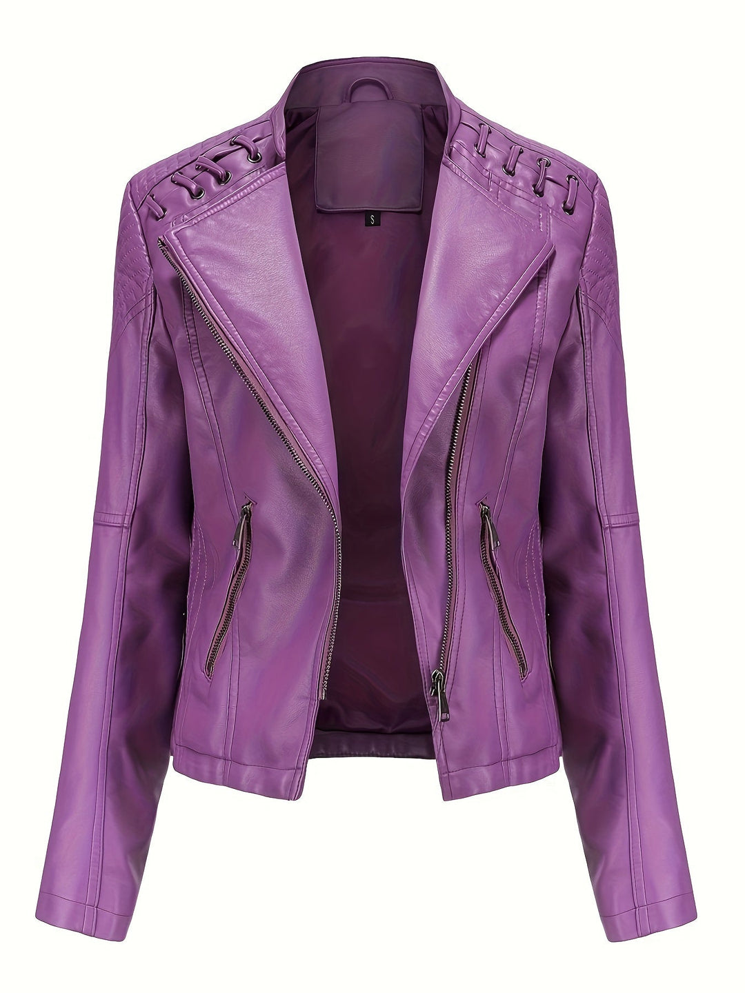 Elegant Leather Moto Jacket for Women with Notch Lapel Zip Front Studded Shoulder