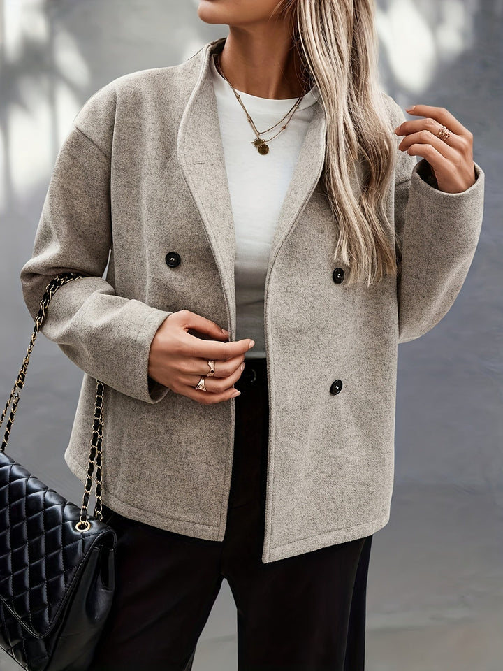 Elegant Apricot Wool Pea Coat for Women with Stand Collar Long Sleeve Double Breasted Oversized Style