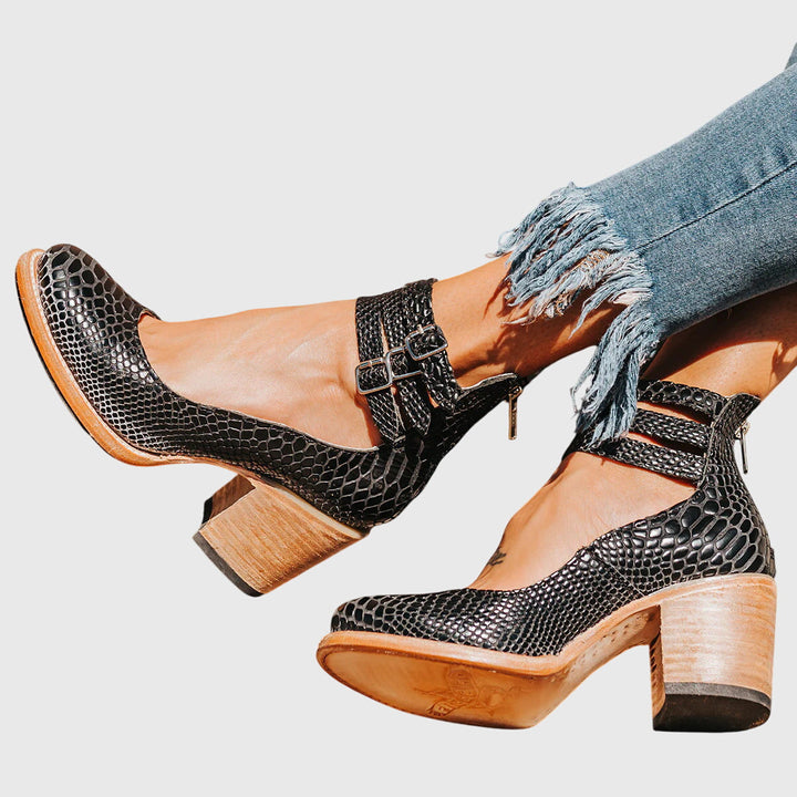 Stylish Boots for Women with Buckle Strap Block Heel Cutout Style
